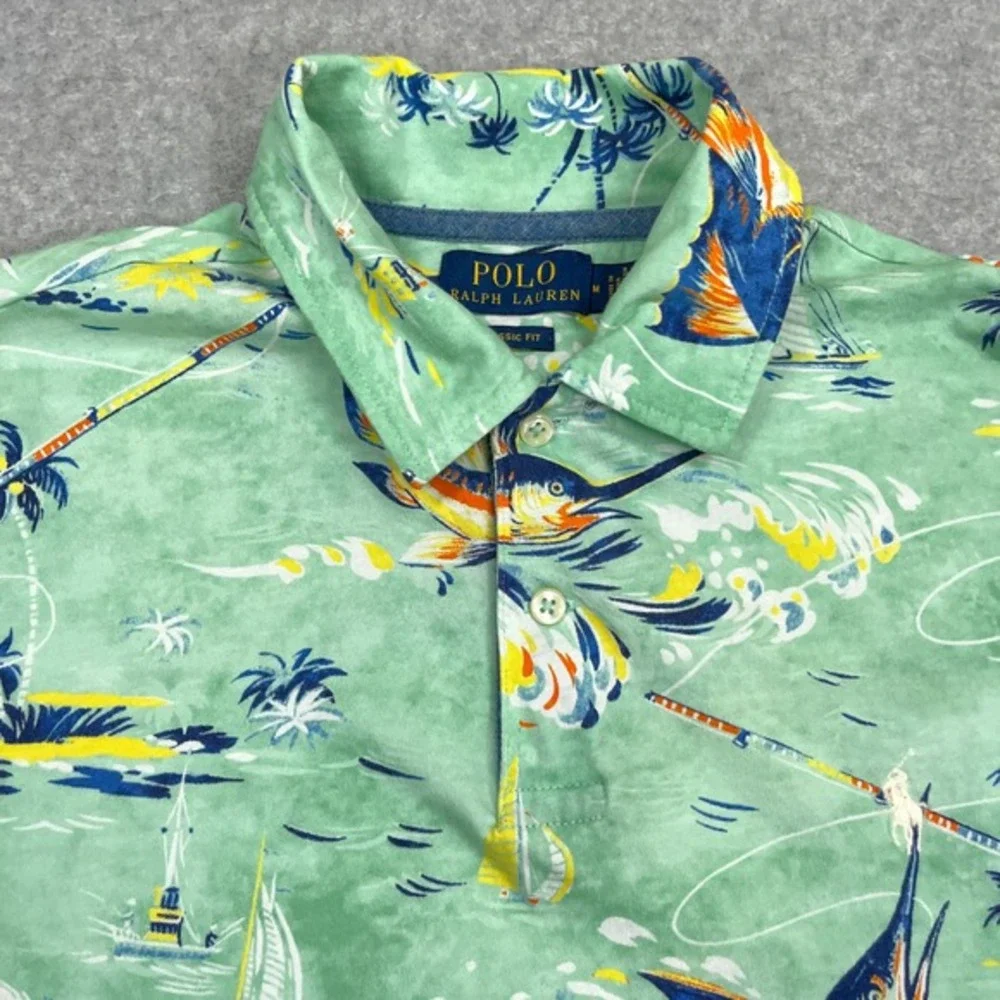 Polo Ralph Lauren Shirt Mens Medium Green Marlin Tropical‎ Fishing Short Sleeve